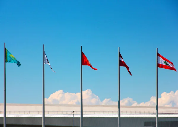 Ulusal Devlet Bayrak Bayrak Direkleri Yaz Gökyüzü Arka Planı Yerleştirilen — Stok fotoğraf