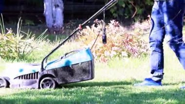 yemyeşil bir bahçe çim yeşil çim ile bir elektrik biçme kesme