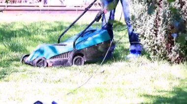 yemyeşil bir bahçe çim yeşil çim ile bir elektrik biçme kesme