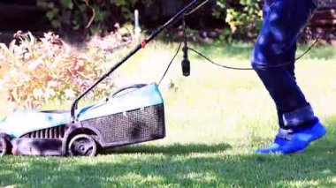 yemyeşil bir bahçe çim yeşil çim ile bir elektrik biçme kesme