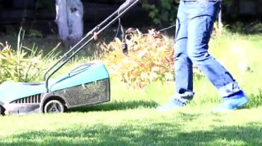 yemyeşil bir bahçe çim yeşil çim ile bir elektrik biçme kesme