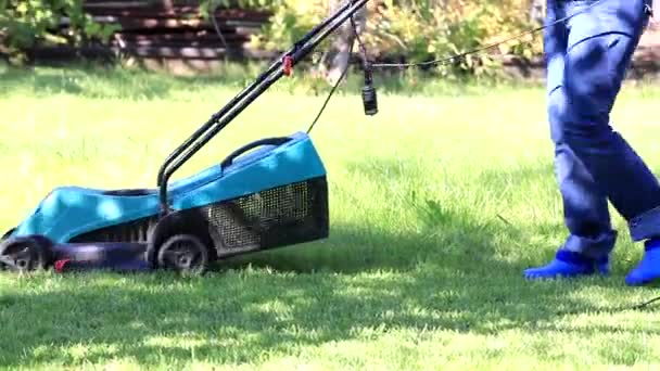 電気芝刈り機芝生の緑豊かなガーデンの緑の草をトリミング — ストック動画