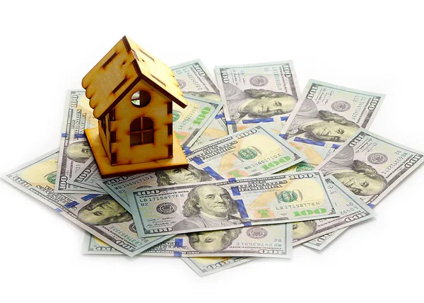 Wooden House Stands Pile Paper Bills Dollars Symbol Mortgage — Stock Photo, Image