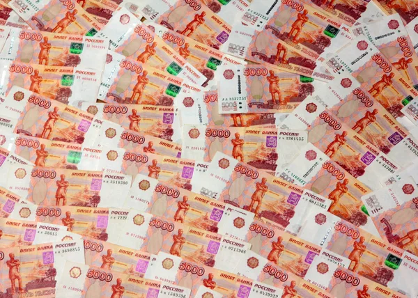 Montón Billetes Cinco Mil Rublos Rusos Como Parte Del Sistema — Foto de Stock