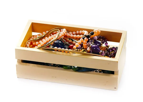 Wooden Box Precious Stones Gold Products — Stock Photo, Image