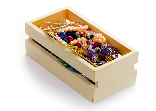 Drewniane Pudełko Kamienie Szlachetne Złoto Produkty — Zdjęcie stockowe