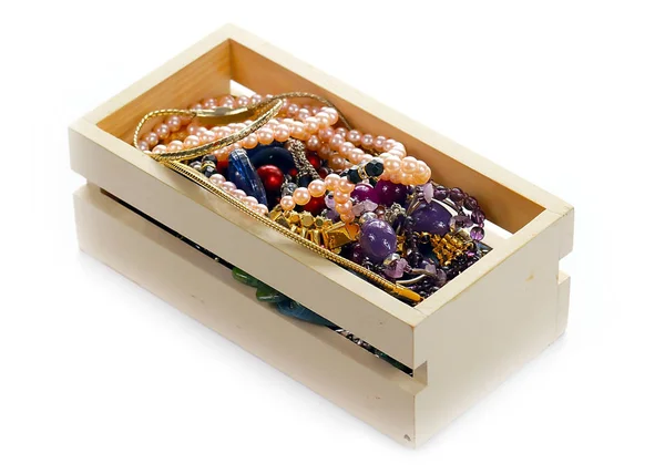Dřevěný Box Drahokamy Zlaté Výrobky — Stock fotografie