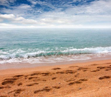 kumlu plaj ve bulutlu gökyüzü ufukta