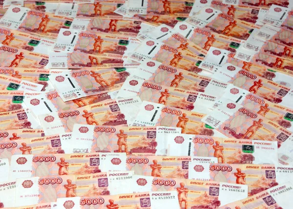 Montón Billetes Cinco Mil Rublos Rusos Como Parte Economía Mercado — Foto de Stock