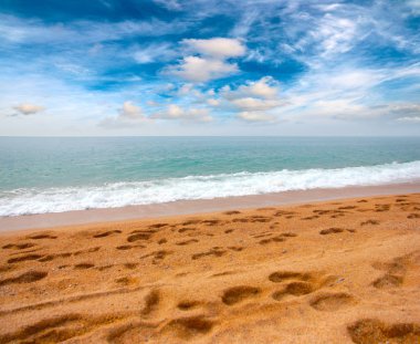 Kumsalı yaz güneşli gökyüzü altında
