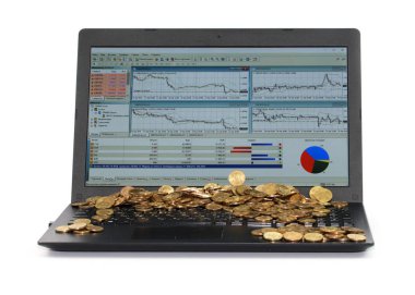 dizüstü bilgisayar ekranında hisse senedi tırnak ve altın sikke bir demet