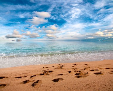 güneşli bir gökyüzü altında Akdeniz'in kumlu plaj