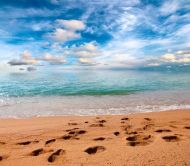 güneşli bir gökyüzü altında Akdeniz'in kumlu plaj