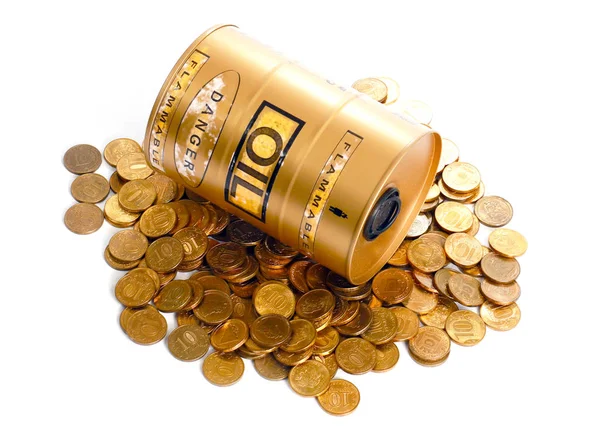 Baryłkę Ropy Stos Rosyjskich Złotych Monet Rosyjskich Rubli — Zdjęcie stockowe