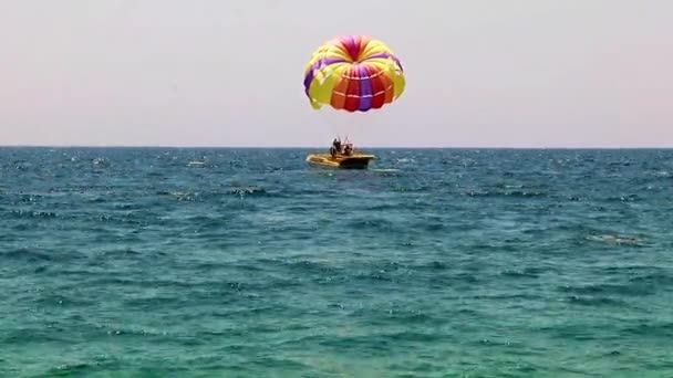 五颜六色的降落伞 在游客的海洋飞行 — 图库视频影像