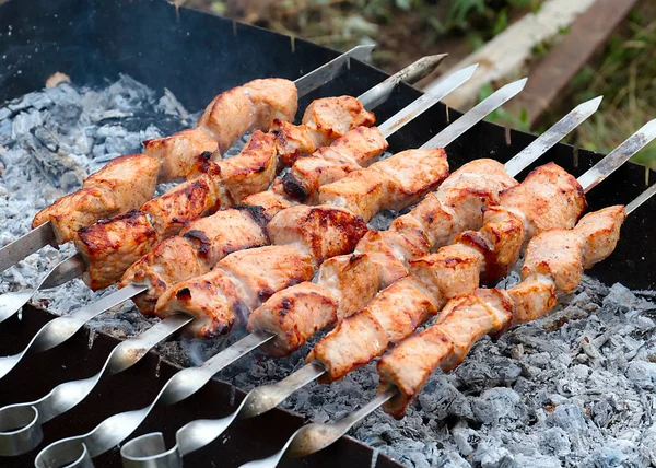 Morceaux Viande Parfumés Sur Les Brochettes Lors Cuisson Sur Gril — Photo