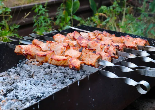 Geurige Stukjes Vlees Spiesjes Bij Het Bakken Grill — Stockfoto