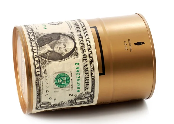 一桶石油和一美元钞票形式的标签 — 图库照片
