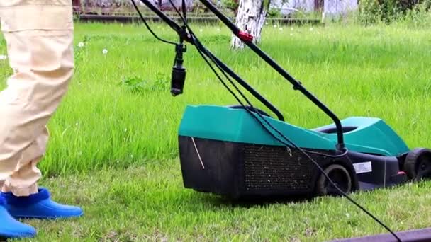用电动割草机修剪绿草 — 图库视频影像