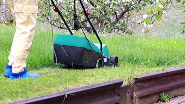 Grünes Gras Mit Einem Elektrischen Rasenmäher Mähen — Stockvideo
