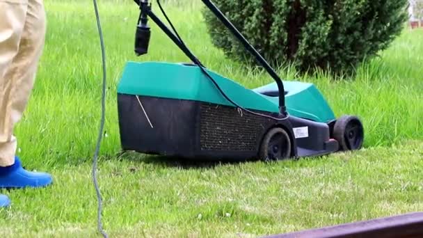 Bir Elektrikli Çim Biçme Makinesi Ile Yeşil Çim Biçme — Stok video