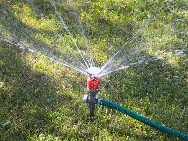 Sproeiwater Stroom Bij Het Besproeien Van Park Gazon — Stockfoto