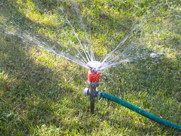 Spruzzare Flusso Acqua Durante Irrigazione Prato Del Parco — Foto Stock