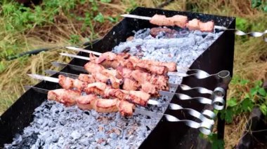 açık bir ateş üzerinde şişler üzerinde et pişirme