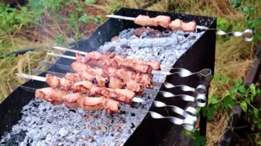 açık bir ateş üzerinde şişler üzerinde et pişirme