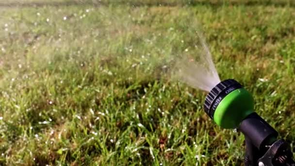 草の芝生に水をやる時のプラスチック噴霧器を通る水の流れ — ストック動画