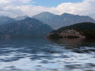 Akdeniz'in suyunda bir dağ sırasının zirvelerinin yansıması