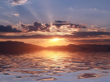 batan güneşin parlak ışınları Akdeniz'in ufkunda gökyüzünü aydınlatır