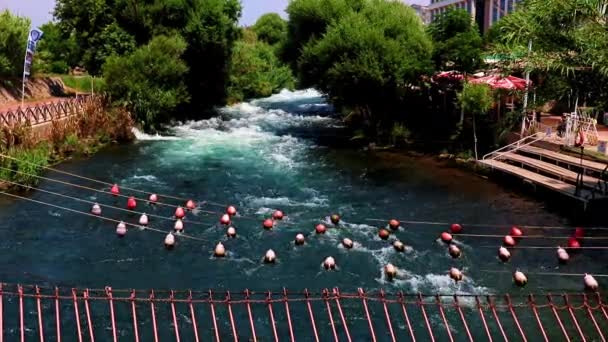 Rettungsnetze Mit Schwimmern Bett Eines Schnell Fließenden Gebirgsflusses — Stockvideo