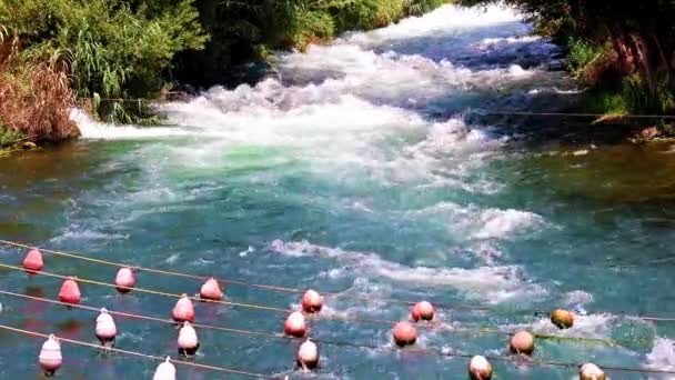 Rettungsnetze Mit Schwimmern Bett Eines Schnell Fließenden Gebirgsflusses — Stockvideo