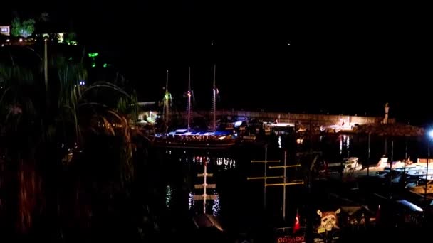 Antalya Natt Kommersiell Hamn Och Fritidsfartyg Turkiet — Stockvideo