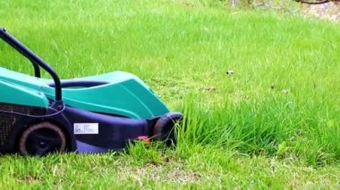 Çim biçme makinesiyle çimlerin çimlerini biçiyorum.