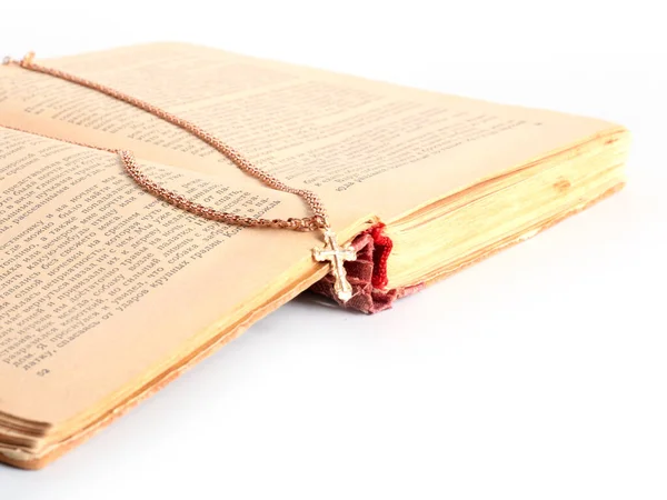 Old Book Gold Chain Cross — Stock Photo, Image