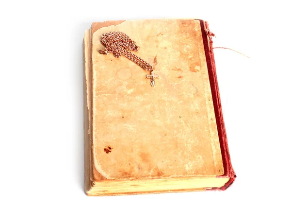 Viejo Libro Una Cadena Oro Con Una Cruz — Foto de Stock