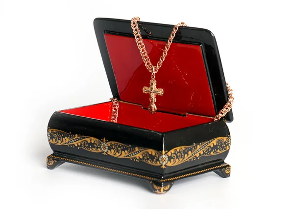 Cruz Cristiana Oro Una Caja Decorativa Pintada Exquisitas Joyas — Foto de Stock