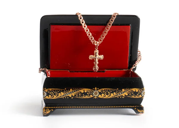 Croix Chrétienne Dans Une Boîte Décorative Peinte Bijoux Exquis — Photo