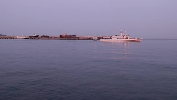 Verplaatsing Van Een Koopvaardijschip Een Flikkerende Vuurtoren Pier Het Watergebied — Stockvideo