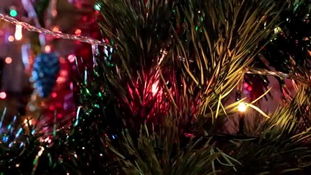 Bellissime Decorazioni Natalizie Sui Rami Dell Albero Natale — Video Stock