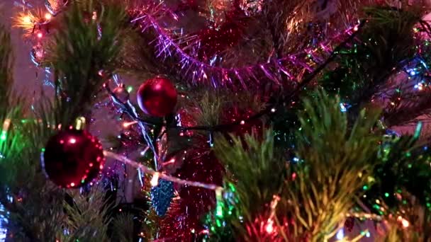 Weihnachtsbaumschmuck Auf Den Zweigen Einer Festlich Beleuchteten Tanne — Stockvideo