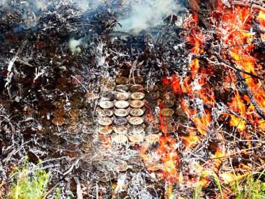 Bir yığın metal Rus madeni parası. Alevli bir yangında rubleyi istikrarsız bir ekonominin sembolü olarak gösteriyor.