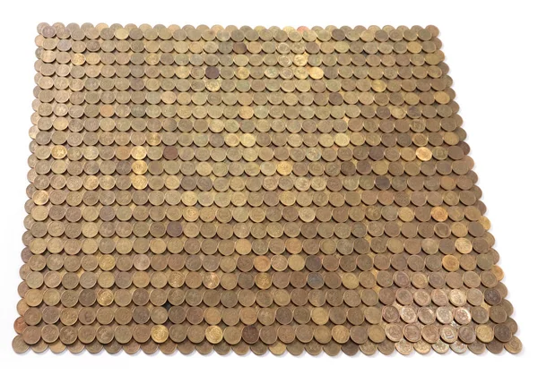 金属のコインロシアのルーブルはビジネスの拠点として正方形の平面にきれいに積み上げられています — ストック写真