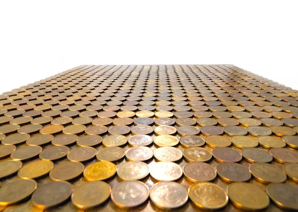 Monedas Metal Rublos Rusos Están Cuidadosamente Apilados Plano Rectangular Como — Foto de Stock