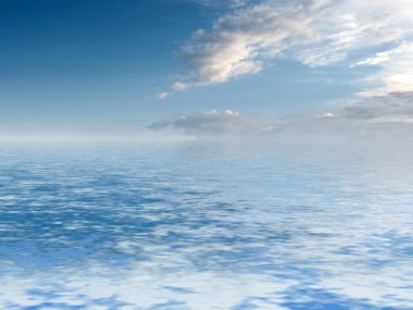 Sakin bir denizin yüzeyinde güneşli bulutlu bir gökyüzünün yansıması.