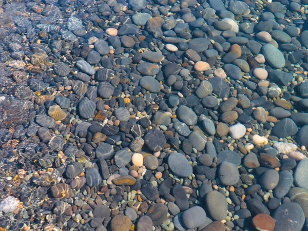 Bir çakıl taşı plajının yüzeyi ve berrak deniz suyu dalgaları.
