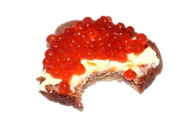 Marca Mordedura Superficie Sándwich Hecho Pan Oscuro Caviar Rojo — Foto de Stock