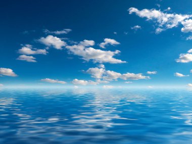 Deniz yüzeyinde bulutlu, güneşli bir gökyüzünün yansıması.